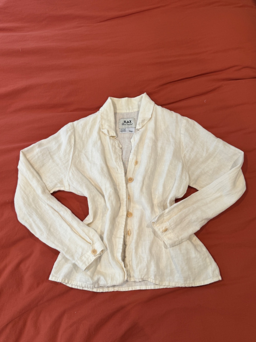 Flax by Jeanne Engelhart Cream 100% Size S Petite Linen Button-Front Women's Top